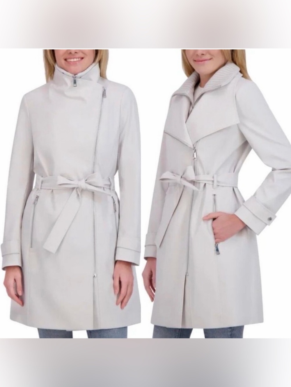 NEW Halston Women's Belted Wrap Silver Collared Trench Coat With Pockets, Size M